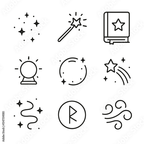 Magical Sparkle Icons. Outline icon set of magical sparkle effects: fairy dust, magic wand, spell book, glowing orb, enchantment