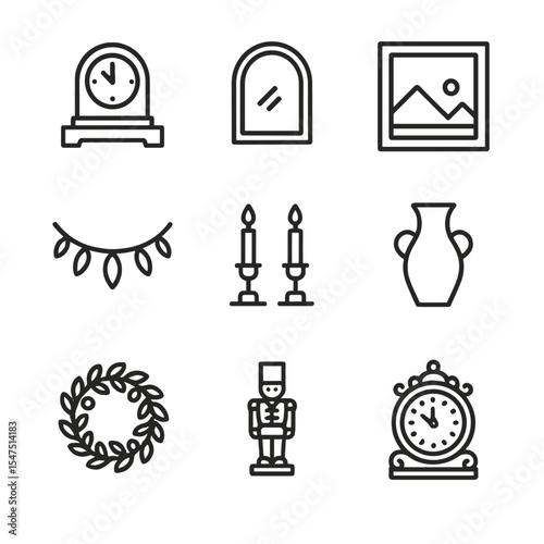 Mantel Decor Icon Set. Outline icon set of fireplace mantel styling: mantel clock, mirror, framed art, garland, candlestick pair,