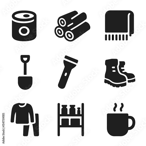 Winter Preparedness Icons. Solid, filled icons set of stocking up for winter: canned food, firewood stack,