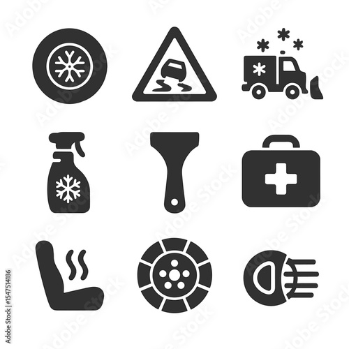 Winter Driving Safety Icons. Solid, filled icons set of winter driving safety: snow tire, ice road sign, snow