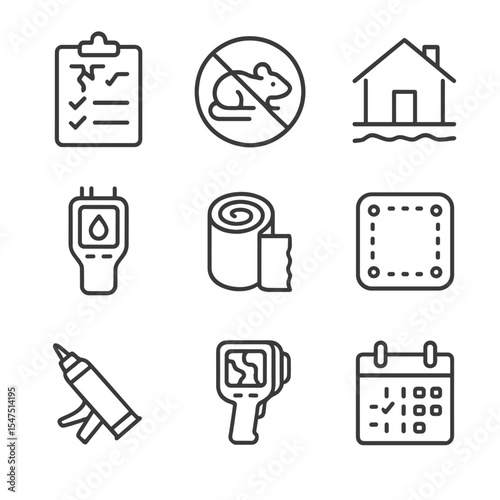 Maintenance Icon Set. Outline icon set of maintenance tasks: damage inspection checklist, rodent barrier icon, settlement check,