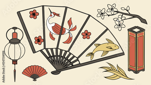 Japanese and Asian traditional culture symbols set flat illustration fan crane fish cherry blossom lantern vector