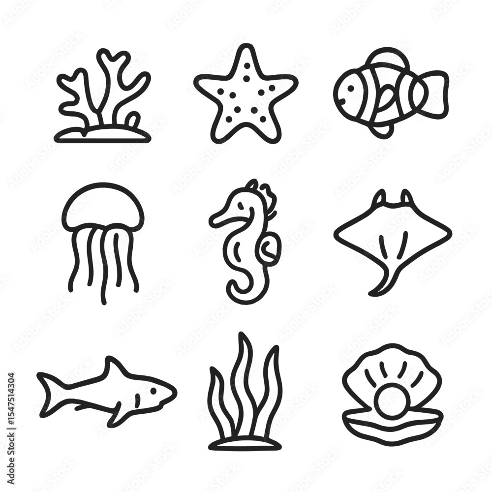 Fototapeta premium Marine Line Icons. Outline icon set of marine life: coral reef, starfish, clownfish, jellyfish, seahorse, manta ray, shark,