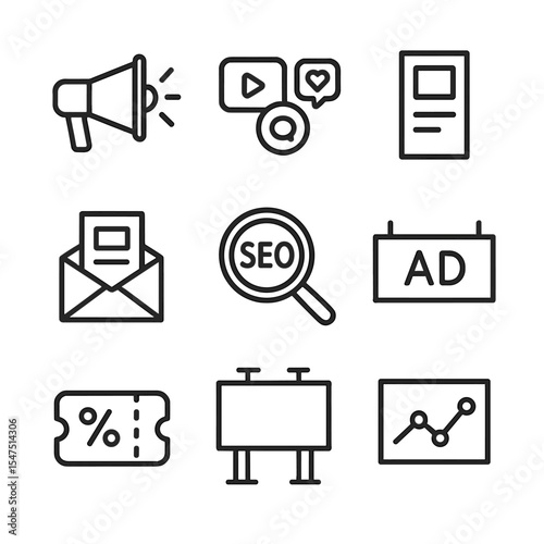Marketing Icon Set. Outline icon set of marketing and promotion: megaphone, social media icons, flyer, email campaign, SEO