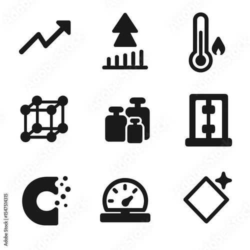 Material Properties Icons. Flat icon set of material properties: conductivity symbol, hardness scale, melting point thermometer,