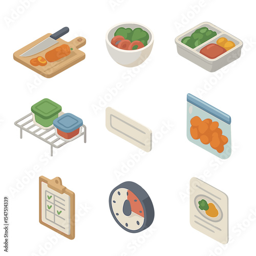 Meal Prep Icons. Isometric Flat icon set of meal prep workflow: chopping board, ingredient bowl, portion container, fridge shelf,