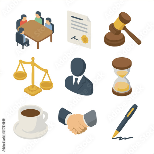 Isometric Mediation Icon Set. Isometric Flat icon set of negotiation and mediation: conference table, contract document, signature