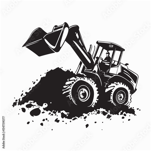 Wheel Loader Vector. Black and white Wheel Loader Vector Image on white background.