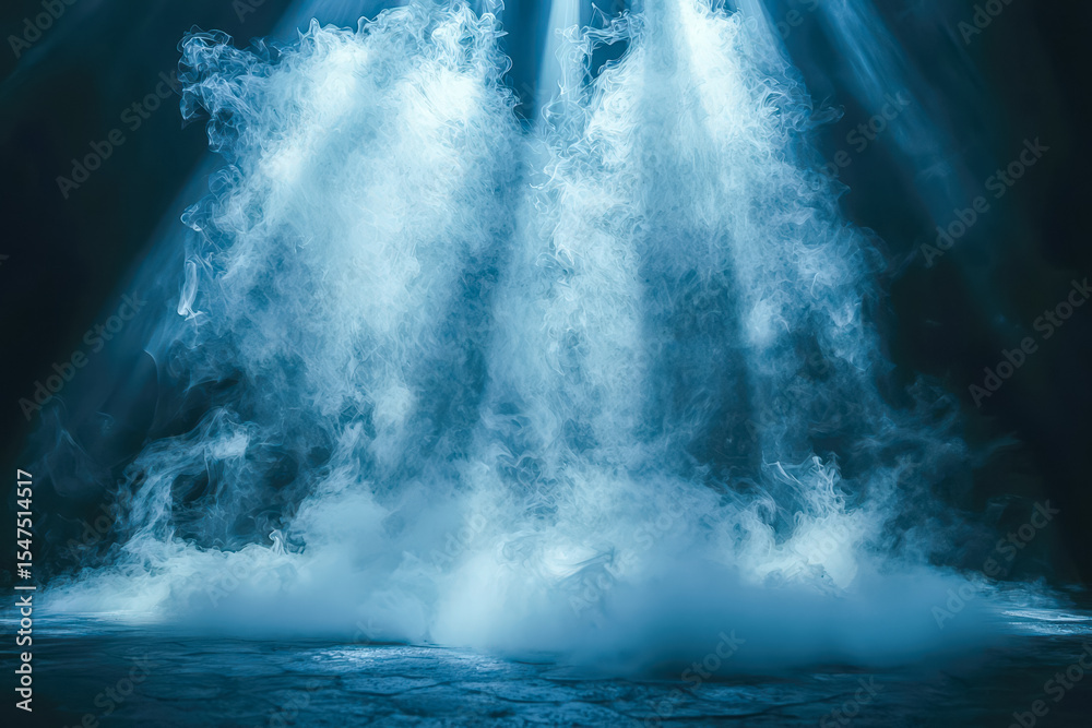 Fototapeta premium Dramatic underwater explosion with rising water spray and light beams