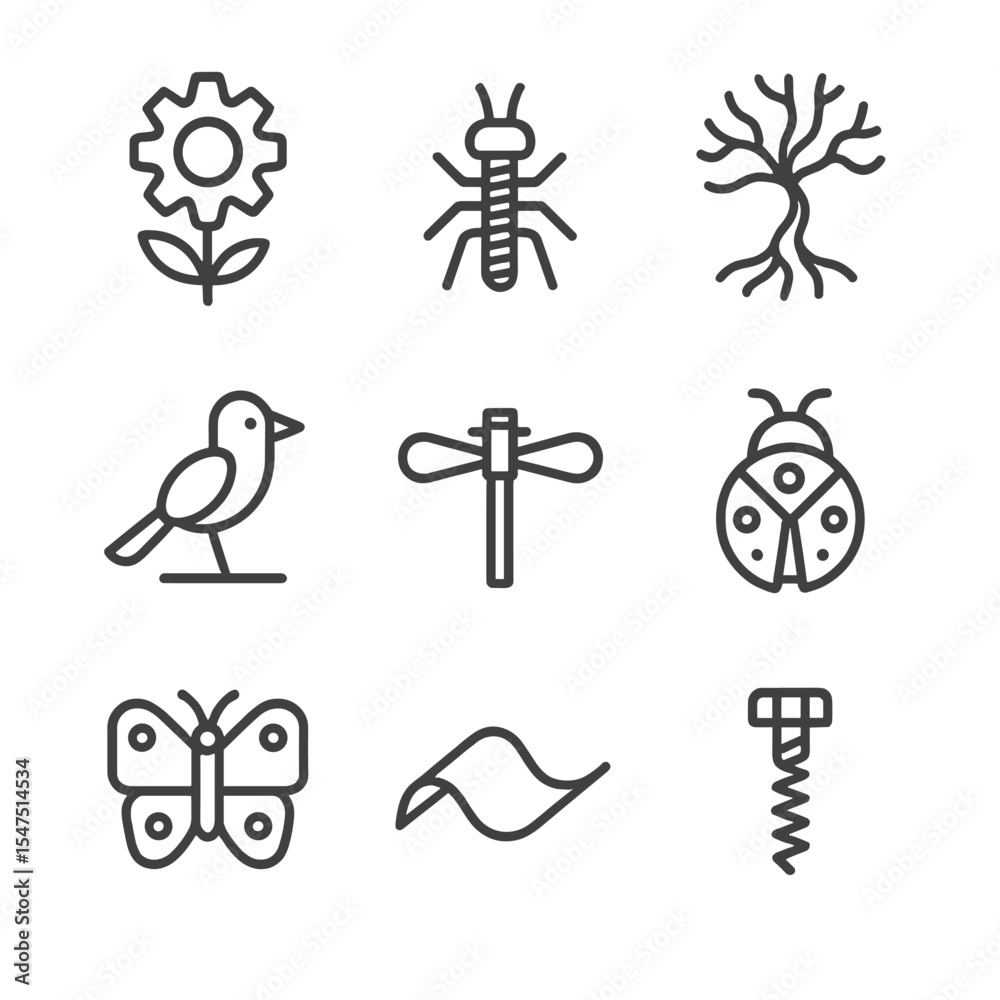Fototapeta premium Metal Art Icons. Outline icon set of scrap metal art sculptures: gear flower, bolt insect, wire tree, spoon bird, pipe dragonfly,
