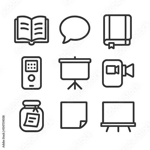 Memory Sharing Icons. Outline icon set of memory sharing and storytelling: open book, speech bubble, diary journal, audio recorder