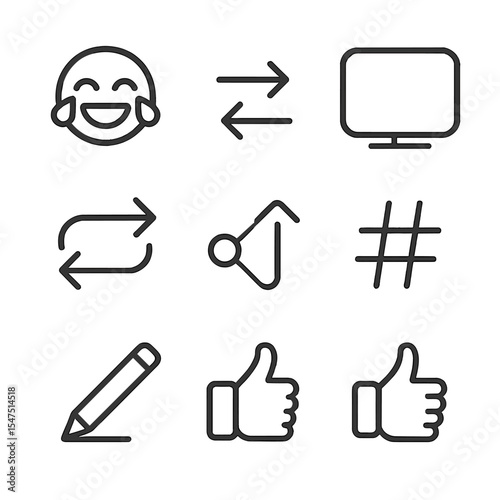 Meme Culture Icons. Outline icon set of meme culture motifs: laughter emoji, impact font text, reaction gif, template frame, remix