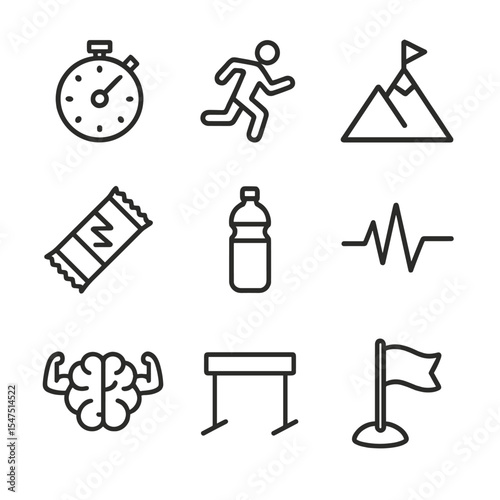 Mental Endurance Icons. Outline icon set of mental endurance: stopwatch, marathon runner, mountain summit, energy bar, water