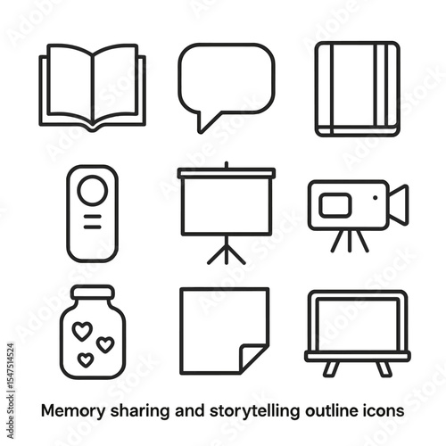 Memory Sharing Icons. Outline icon set of memory sharing and storytelling: open book, speech bubble, diary journal, audio recorder