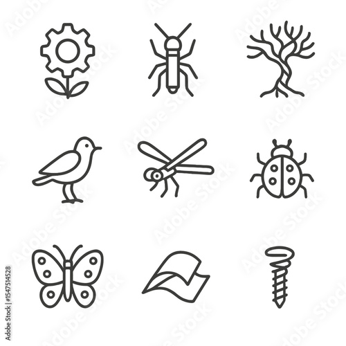 Metal Art Icons. Outline icon set of scrap metal art sculptures: gear flower, bolt insect, wire tree, spoon bird, pipe dragonfly,