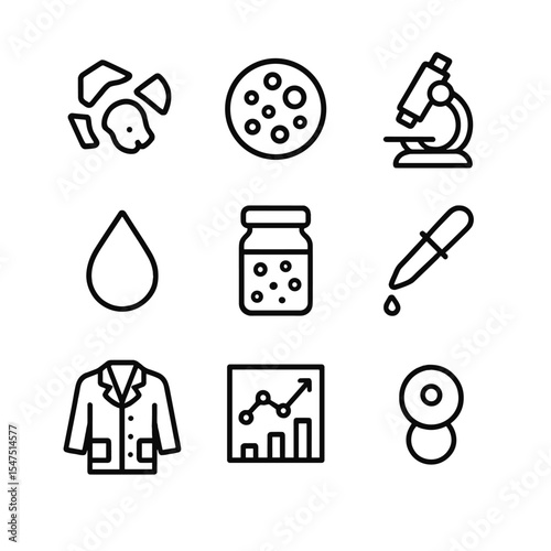 Microplastics Research Icons. Outline icon set of microplastics research: microplastic fragment, filter membrane, microscope,