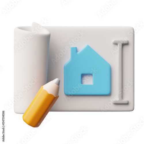 Interior design 3D cartoon plastic style vector icon, home silhouette pencil on sheet, house architect developer service