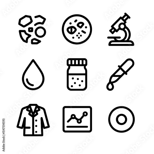 Microplastics Research Icons. Outline icon set of microplastics research: microplastic fragment, filter membrane, microscope,