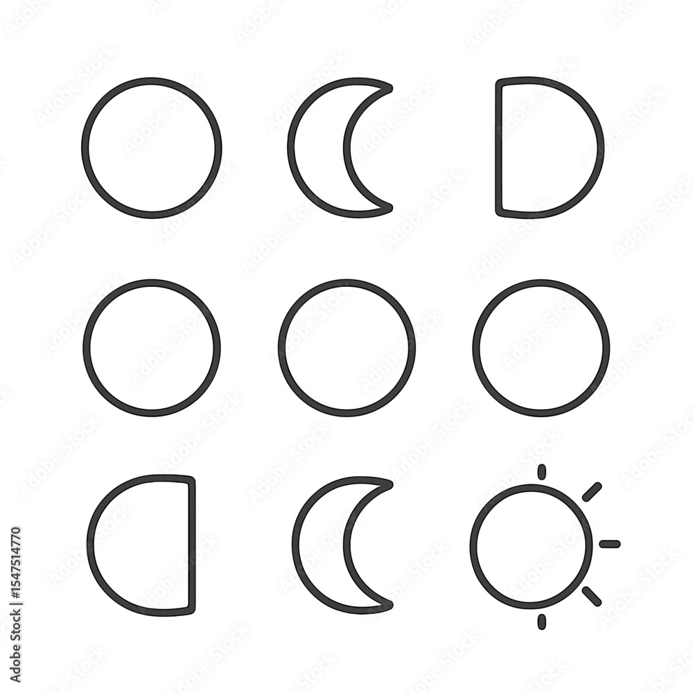 Moon Phase Icons. Outline icon set of moon circle phases: new moon, waxing crescent, first quarter, waxing gibbous, full moon,