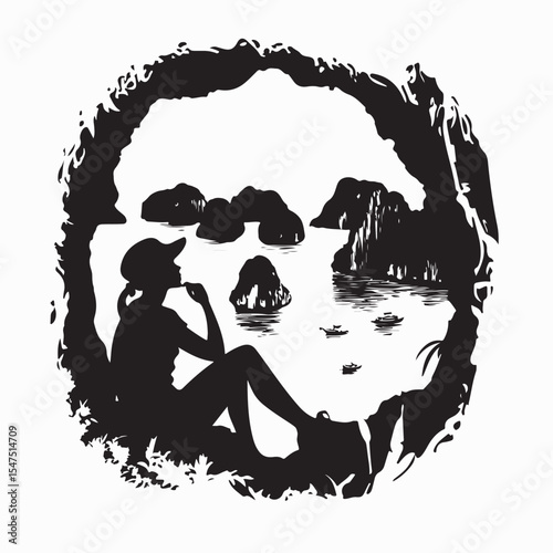 Female Tourist Admiring Ocean and Tiny Islands from a High View Silhouette Vector