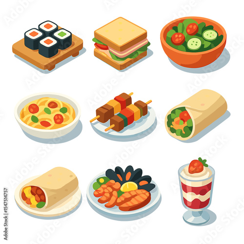 Modern Food Icon Grid. Isometric Flat icon set of food types: sushi rolls, gourmet sandwiches, salads bowl, pasta dish, grilled photo