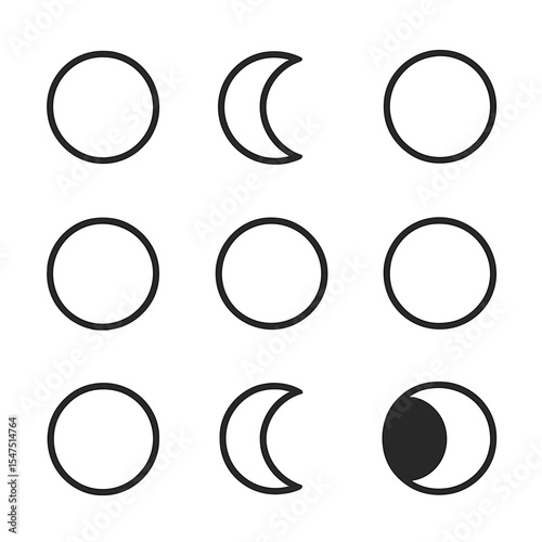 Moon Phase Icons. Outline icon set of moon circle phases: new moon, waxing crescent, first quarter, waxing gibbous, full moon,