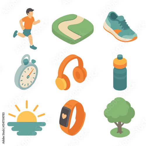 Morning Jogging Icons. Isometric Flat icon set of morning jogging club at sunrise: jogging person, track path, sneaker, stopwatch,