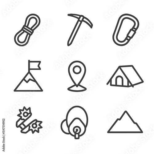 Mountain Climbing Icons. Outline icon set of mountain summit conquest: climbing rope, ice axe, carabiner, summit flag, crampons,