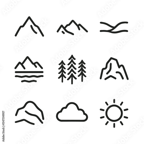 Mountain Landscape Icons. Outline icon set of mountain landscape features: peak silhouette, ridge line, valley floor, alpine lake,