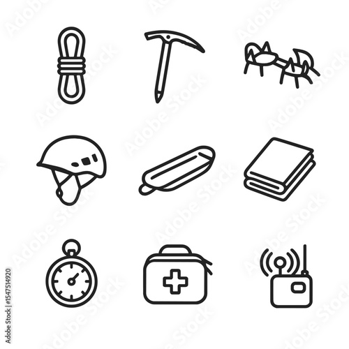 Mountain Rescue Icons. Outline icon set of mountain rescue teams: climbing rope, ice axe, crampons, mountain helmet, rescue sled,