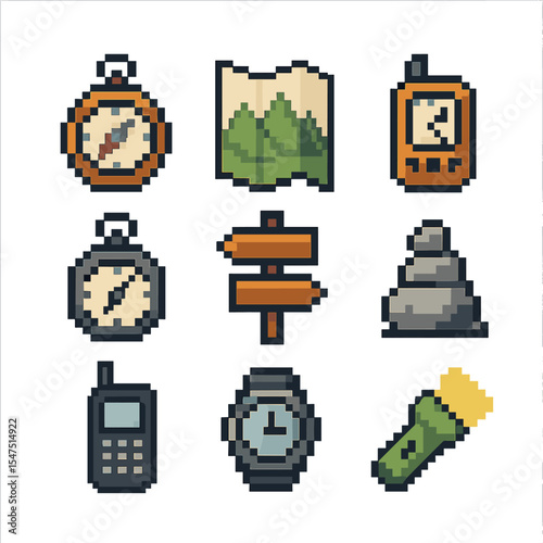 Mountain Navigation Icons. Pixel art icon set of mountain navigation tools: compass, map, GPS device, altimeter, trail sign, cairn
