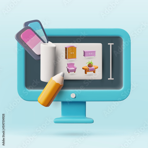 Furniture interior design service 3D vector illustration, color palette, wardrobe, table, pencil on computer screen