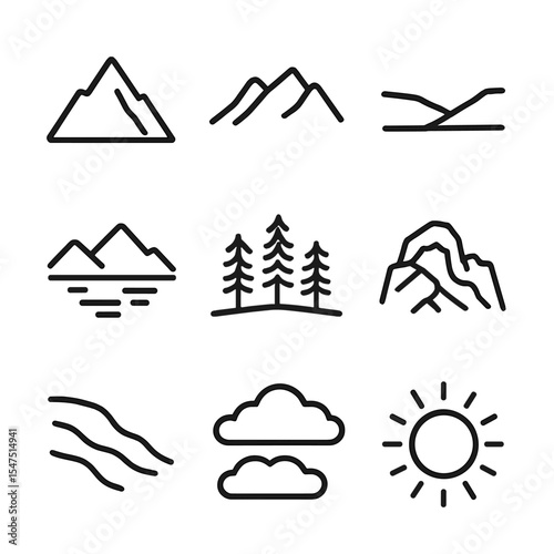 Mountain Landscape Icons. Outline icon set of mountain landscape features: peak silhouette, ridge line, valley floor, alpine lake,