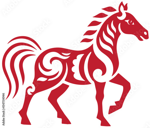Papercut Chinese Horse Illustration – Lucky Zodiac Animal Sign for Home Decoration, Red Symbol of Energy and Speed