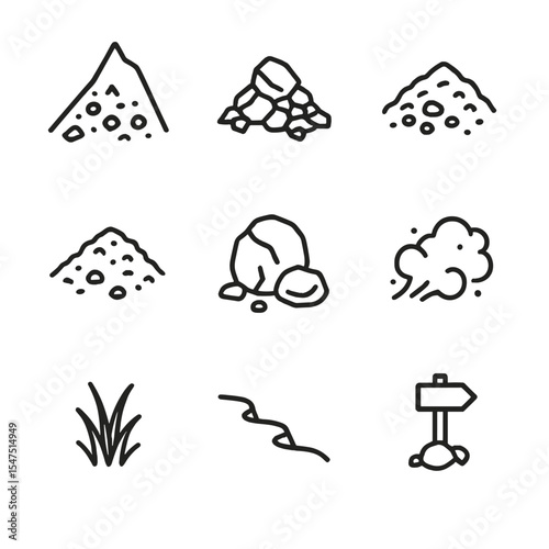 Mountain Scree Icons. Outline icon set of mountain scree textures: scree slope, talus rock, loose shale, crumbly gravel, boulder,