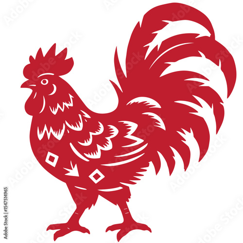 Chinese Zodiac Animal Red Rooster – Traditional Papercut Art Style for New Year Celebration, Feng Shui Decoration, and Gift Design
