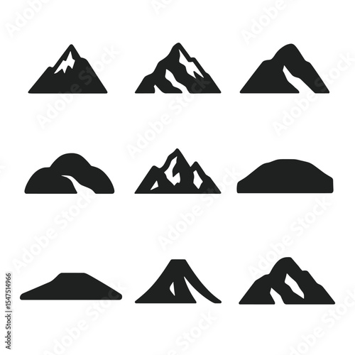 Mountain Silhouette Grid. Flat icon set of mountain peaks silhouettes: Everest silhouette, K2 outline, Matterhorn shape, Elbrus