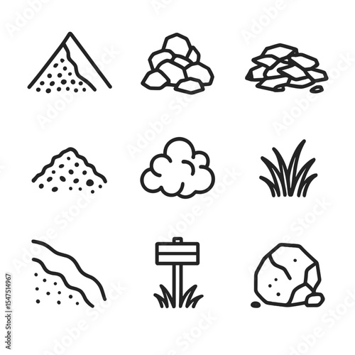 Mountain Scree Icons. Outline icon set of mountain scree textures: scree slope, talus rock, loose shale, crumbly gravel, boulder,