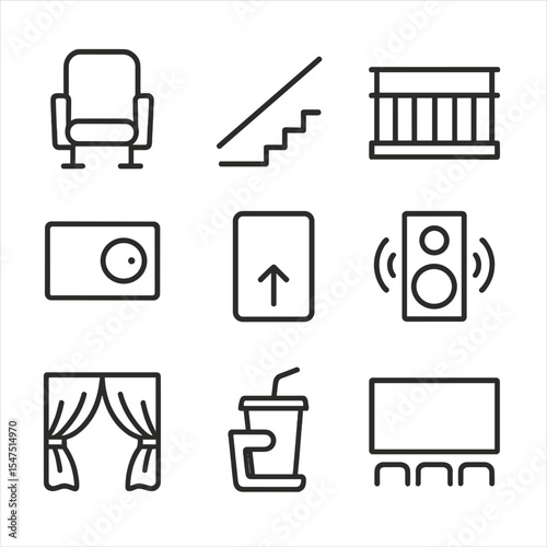 Movie Theater Icons. Outline icon set of movie theater interior: auditorium seat, aisle light, balcony railing, projection booth,