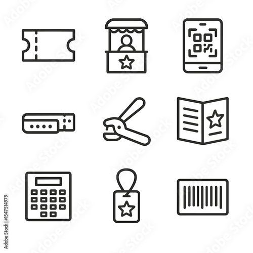 Outline Movie Ticket Icons. Outline icon set of movie premiere tickets: ticket stub, ticket booth window, QR code scan, admission