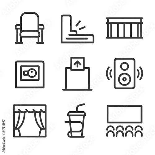 Movie Theater Icons. Outline icon set of movie theater interior: auditorium seat, aisle light, balcony railing, projection booth,