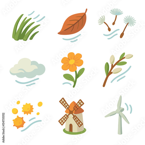 Nature Breeze Icons. Isometric Flat icon set of nature breeze scenes: swaying grass, falling leaf, dandelion seeds, willow branch,