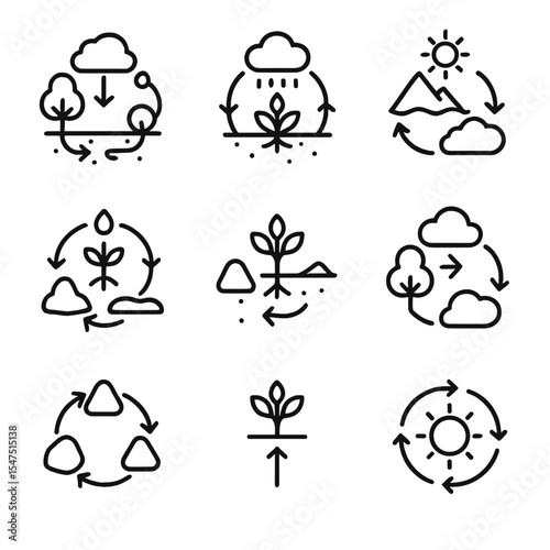 Nature Cycle Icons. Outline icon set of element cycles in nature: carbon cycle, nitrogen cycle, water cycle, sulfur cycle,