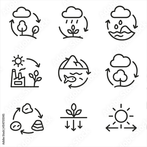 Nature Cycle Icons. Outline icon set of element cycles in nature: carbon cycle, nitrogen cycle, water cycle, sulfur cycle,