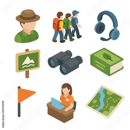 Nature Tour Icons. Isometric Flat icon set of guided nature tours: guide avatar, group of hikers, audio headset, informational