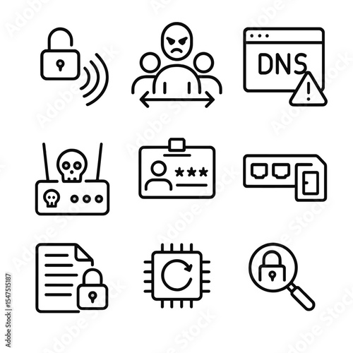 Network Security Icons. Outline icon set of network vulnerability: unsecured Wi-Fi, man-in-the-middle, DNS spoofing, rogue device,