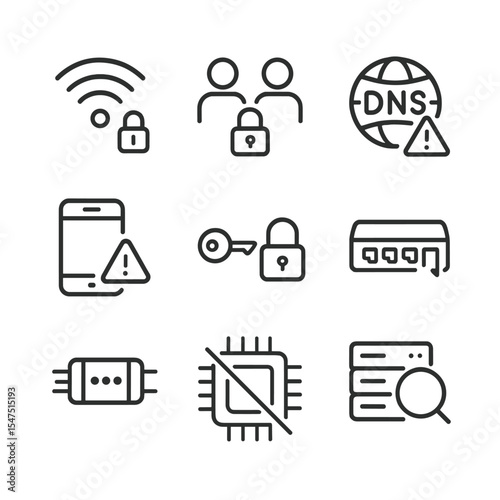 Network Security Icons. Outline icon set of network vulnerability: unsecured Wi-Fi, man-in-the-middle, DNS spoofing, rogue device,