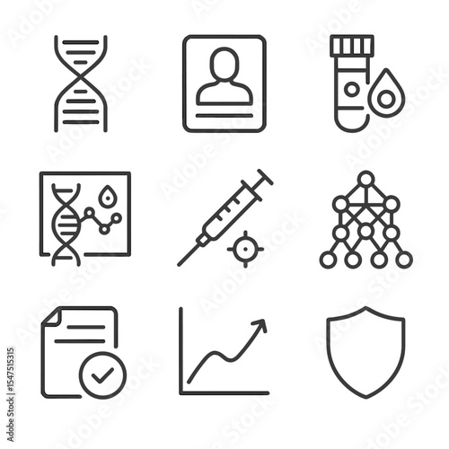 Neurodevelopmental Medicine Icons. Outline icon set of personalized neurodevelopmental medicine: DNA barcode, patient profile,