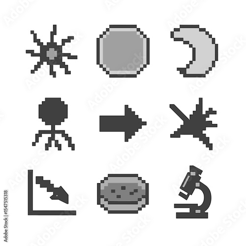 Neurogenesis Inhibition Icons. Pixel art icon set of neurogenesis inhibition: neural stem cell, stop sign, dentate gyrus outline,