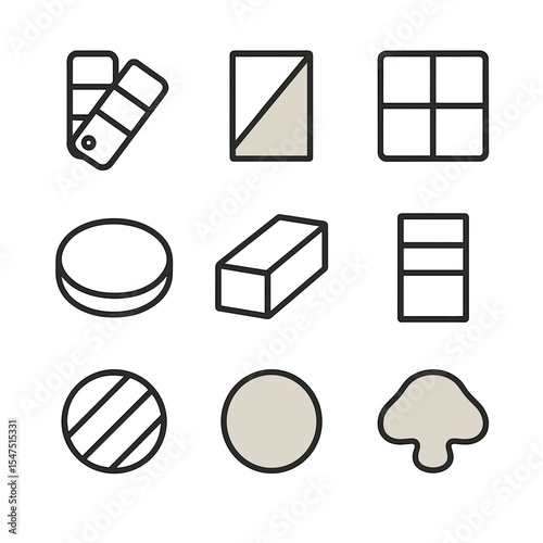 Neutral Palette Icons. Outline icon set of neutral color palettes: beige swatch, taupe sample, gray tile, ivory oval, cream block,